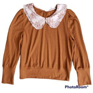 June & Hudson Ribbed Bib Collar Floral Sweater Top Size XL